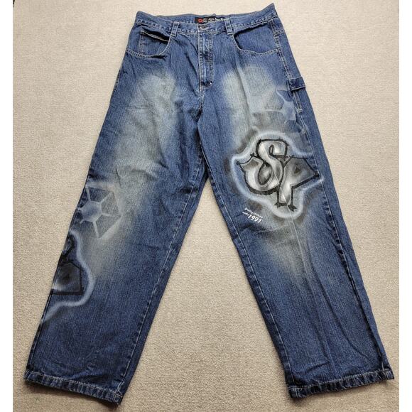 South Pole Vintage Mens Jeans Size 36 Y2K Streetwear Light Blue Big Print